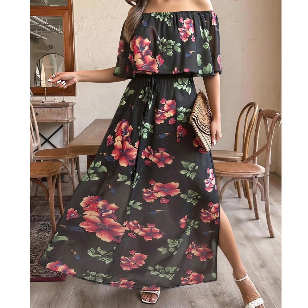 Plus Floral Print Off Shoulder Stretchy Waist Maxi Dress - Picture 2 of 5